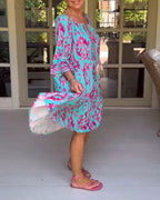 NIPPON™| プリントと七分袖の赤いドレス